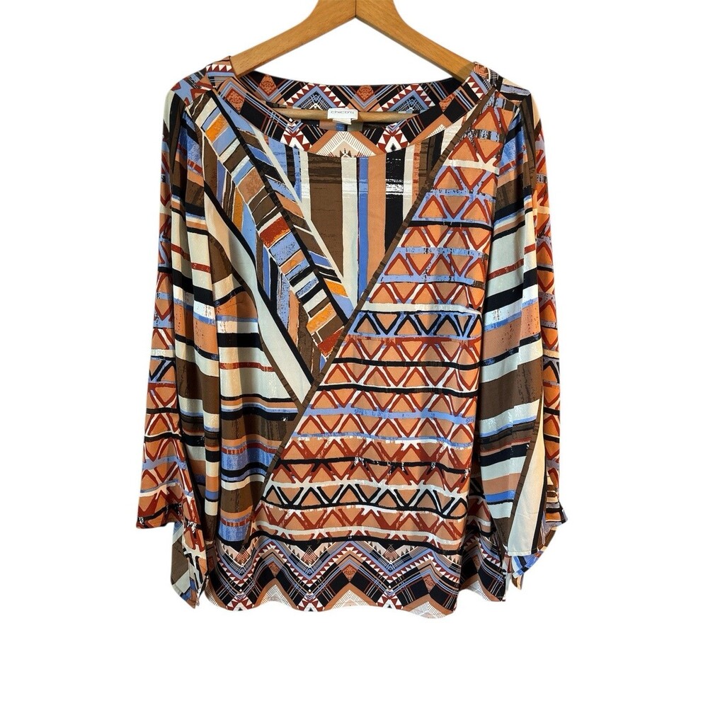 Chico’s Women’s Medium Tribal Tie Sleeve Top Office Academia Travel Resort